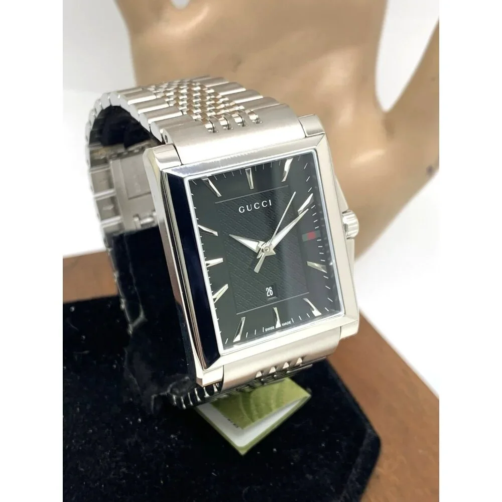 Gucci Men's Watch YA138401 G-Timeless Swiss Quartz Black Dial Silver Steel Tank